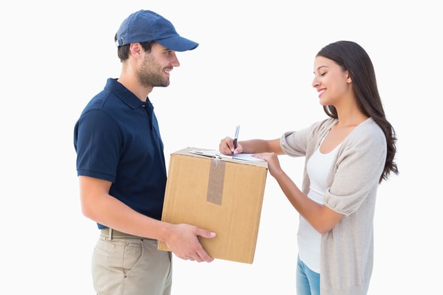 Happy delivery man with customer on white background
